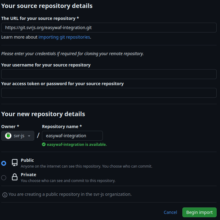 Importing a GitHub repository...