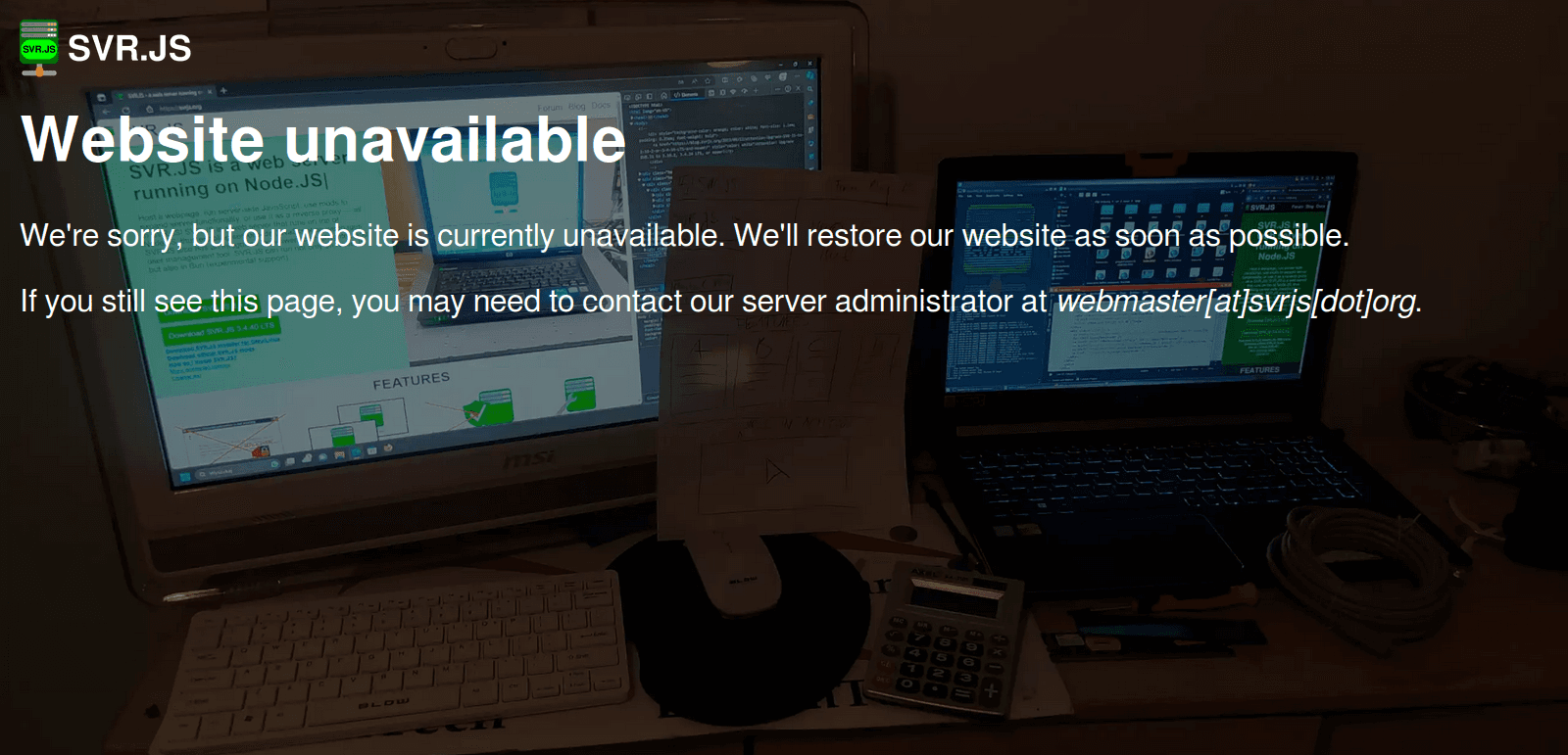 A message that was displayed, when user tried to access SVR.JS Git server in its 3-day downtime